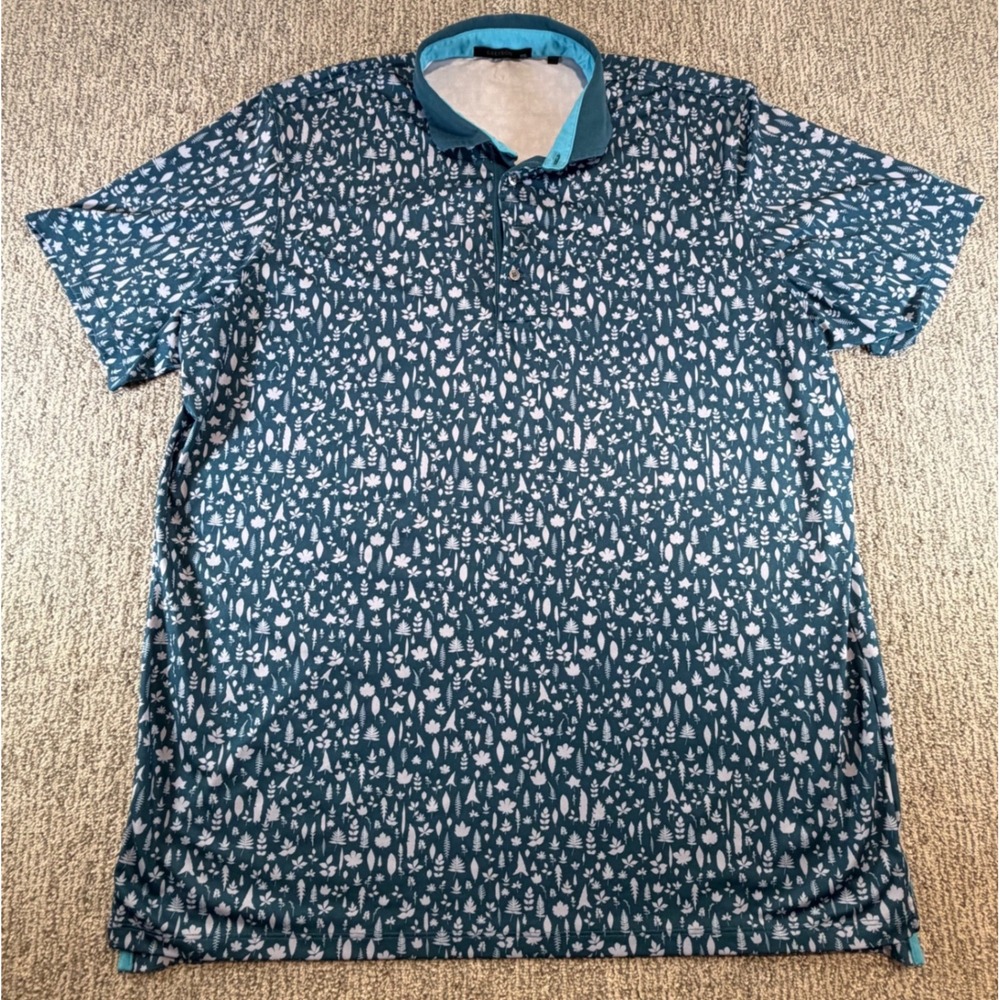 Greyson Polo Shirt Mens XXL Teal White‎ Leaf Print Golf Performance Short Sleeve